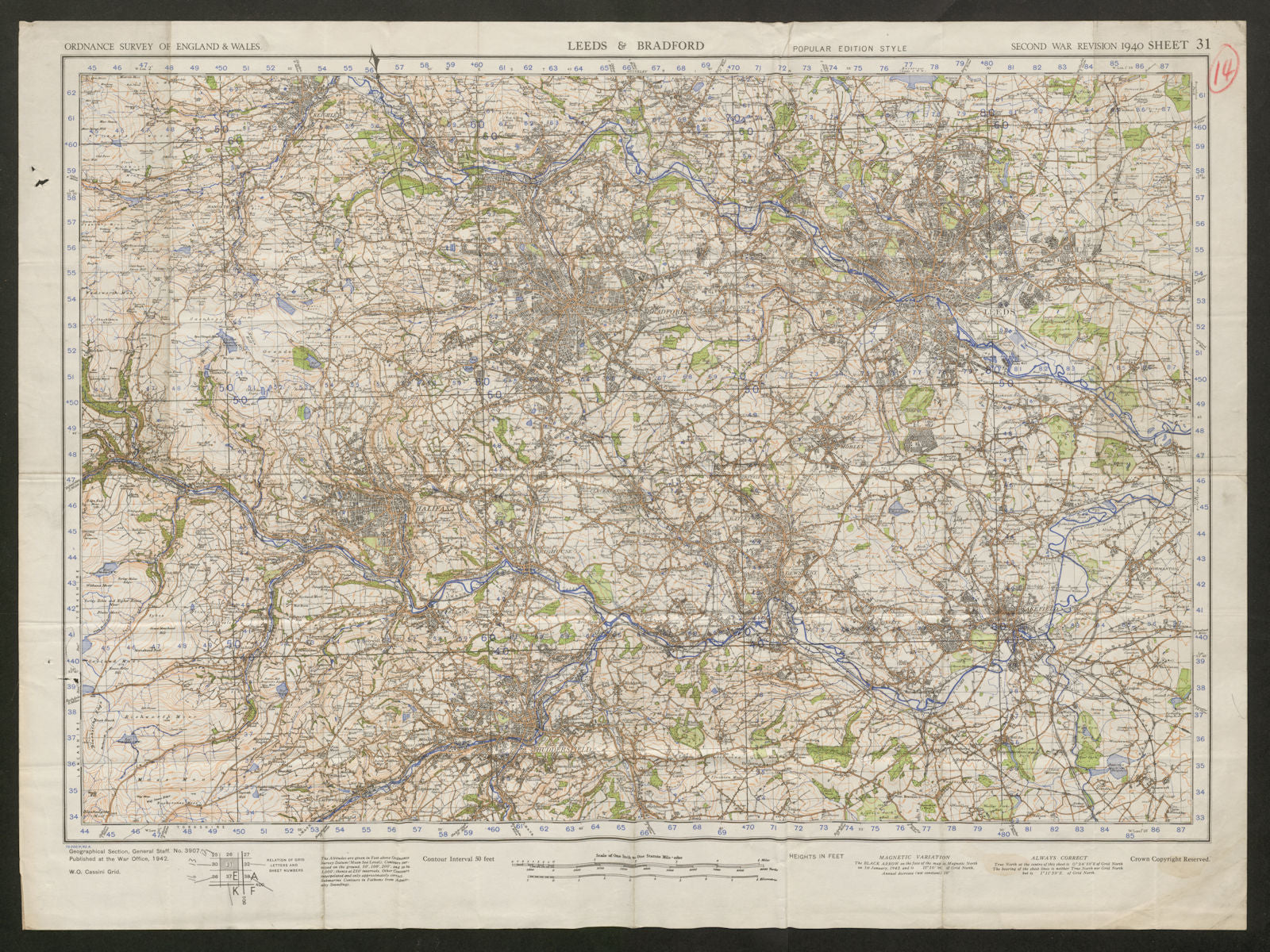 War Revision Sheet 31 LEEDS BRADFORD Halifax Wakefield ORDNANCE SURVEY 1942 map